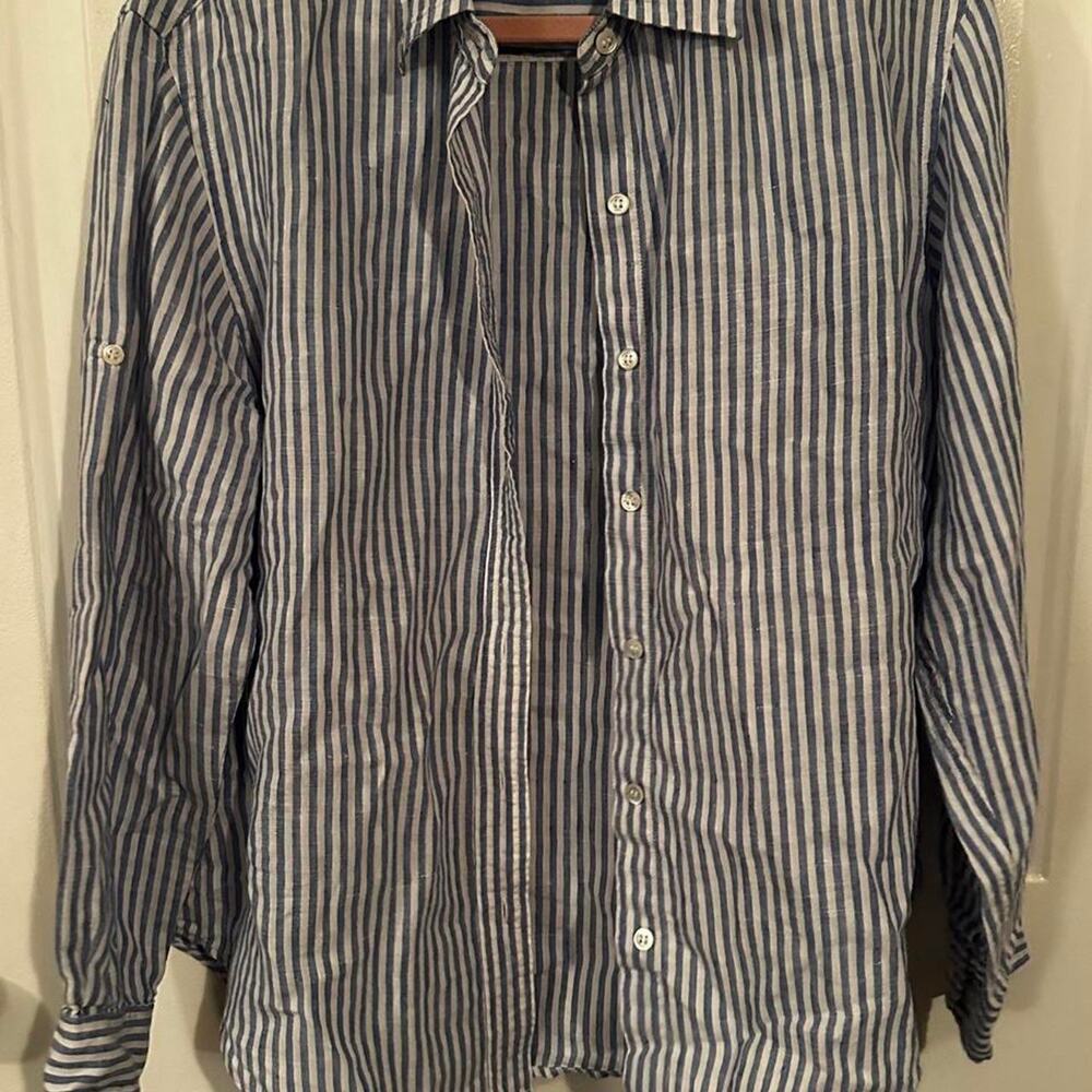 Jones New York 100% Linen Shirt Womens M Blue White Striped Button Up Coastal